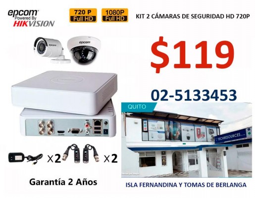 Kit Cámaras de Vigilancia CCTV en Alta Definición HD 2 Cámaras Epcom Hikvision HD 720P Mire Rostros Garantía 2 años